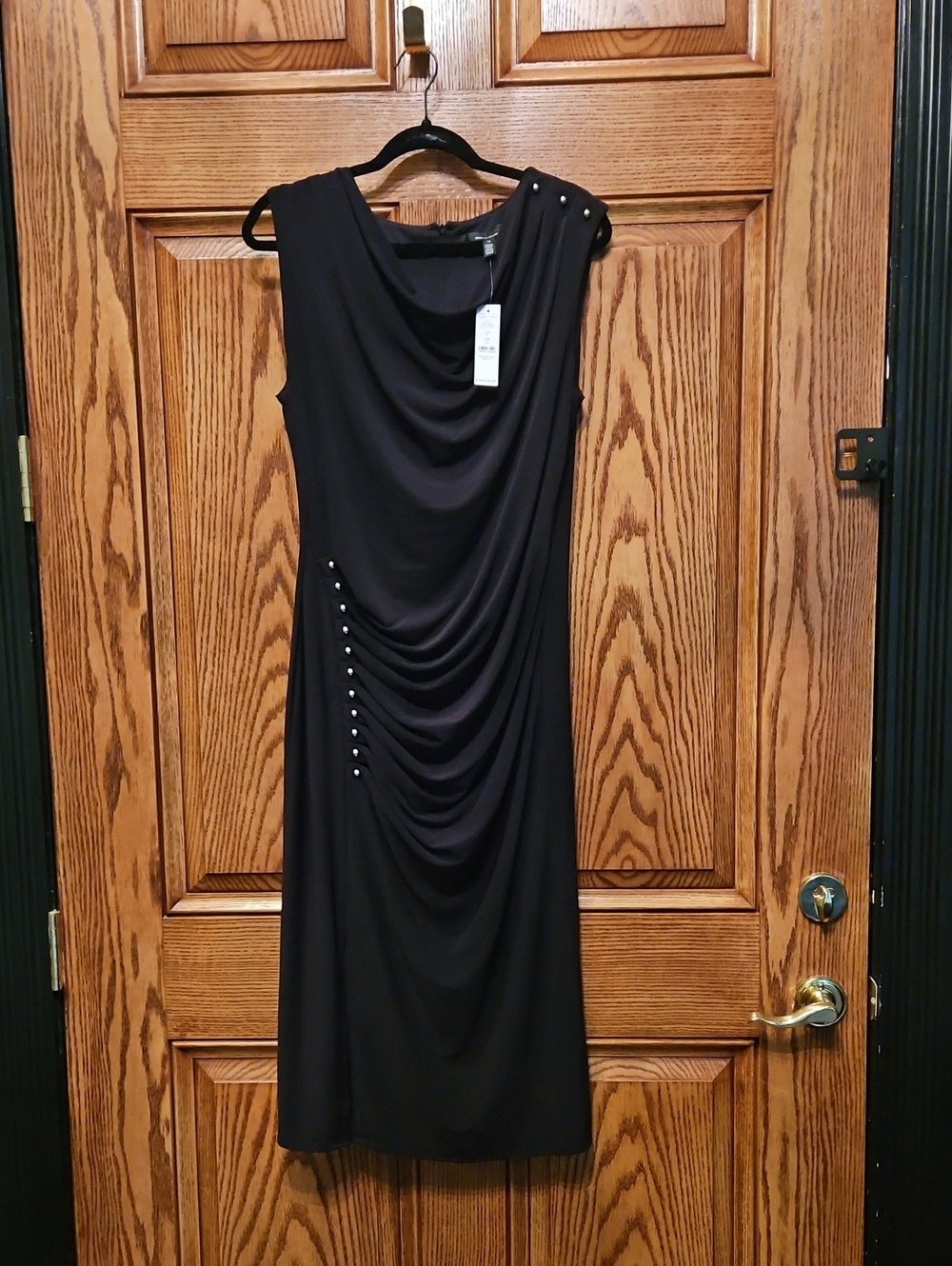 White House Black Market Black Sleeveless Draped Midi Dress with Stud Accents